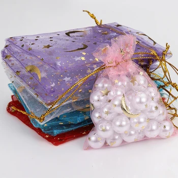 50 бр./лот, торбички от органза с завязками, мрежест торбичка с принтом във формата на Луната и звездите златен цвят, за показване на бижута, опаковане на подаръци сватба на едро