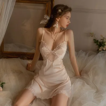 Еротика пижами чиста похот вятър halter домашно облекло дамско бельо рокля с дълбоко V-образно деколте, секси нощница от ледената коприна