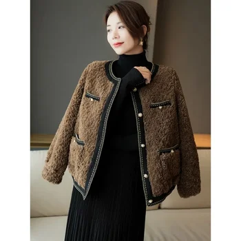 Темпераментное палто с лек аромат, дамско палто 2023, пролет-есен нова сако, дамско яке с кръгло деколте, див кожа агне, плюшен къса горна дреха, топ