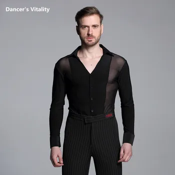 2017 Мъжки дрехи за латино танци с V-образно яка, риза с дълги ръкави, модерен танц Ча-Ча-Ча, валс, латино танци, мъжко модерна рокля за състезания