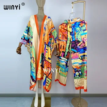2021 Нов Модерен африкански костюм-двойка в стил Бохо с принтом Големи размери, рокля Кимоно, Дамски Еластичен Копринен Кафтан с Дължина до пода
