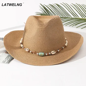 2022, модни ковбойская шапка впечатлява със своя бохемски стил за жени, гъвкави плажни шапки, летни сламени шапки от слънцето, дамски шапка с защита от uv, панама едро