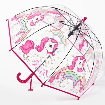 2022 Нова детска цветна принцеса с подвързани, прекрасен чадър с единорогом от прозрачна пластмаса, Kawaii Момиче