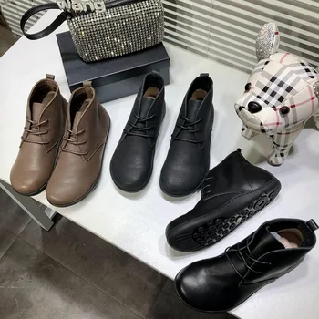 2022 Нови обувки от естествена кожа, есен-зима къси ботуши от телешка кожа, дантела с кръгло бомбе, ежедневни шиене на кожени обувки на плоска подметка
