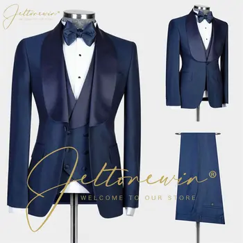 2022 Ново записване, костюм Homme, тъмно сини мъжки костюми, 3 предмет, сватбени смокинги за младоженеца, облекло за младоженеца, оборудвана приятелка, най-добрият мъж