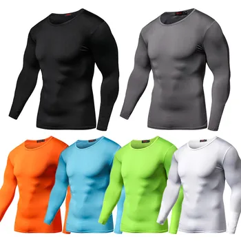2022 Пролетно однотонная компресиране мъжка тениска с дълъг ръкав, потници от полиестер за бодибилдинг, размер S-XXL, мъжки дрехи за фитнес