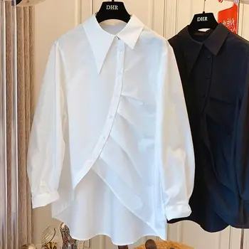 2023 Дамски ризи с дълъг ръкав, пролет-есен, асиметрични блузи копчета, обикновен дамски ежедневни свободни блузи с отложным яка