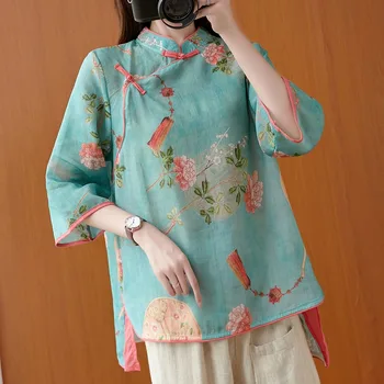 2023 Дамски традиционната китайска дрехи, топ в ретро стил с флорални принтом, топ Hanfu, дамски блузи, елегантни ориенталски костюм Тан, китайска блуза
