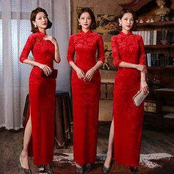 2023 Дълга рокля в китайски стил, на подиума, тънък Чонсам, женски червен Ципао, памук, сватба парти, Ханфу, лято