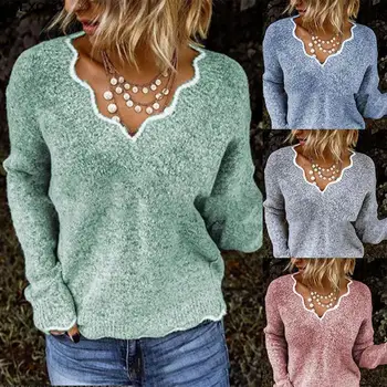 2023, есенно-зимния нов случайни сладък пуловер на Amazon с V-образно деколте, многоцветен пуловер