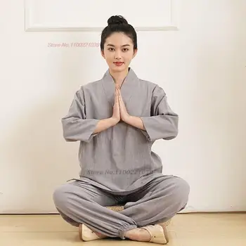 2023 женски ретро комплект за медитация, традиционен памук бельо костюм от епохата на тан, източна будистка облекло кунг-фу, топ + панталон, костюм на дзен