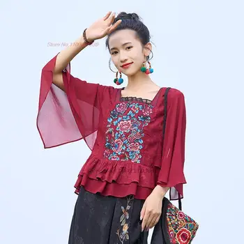 2023 китайска реколта блуза с национална бродерия на цветя жаккардовая лоскутная блуза с сетчатыми ръкави традиционната източна народна блуза