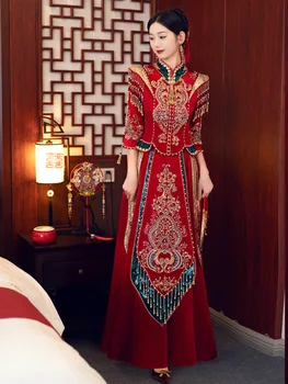 2023 Китайското Традиционната Сватбена Рокля с Пайети, Мъниста И Пискюли, Банкет Вечерна Рокля Рокля