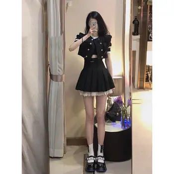 2023 корейска, японска лятна нова черна униформа jk за момичета, двубортный комплект с плисирана пола трапецовидна форма, супериорна комплект училищна униформа