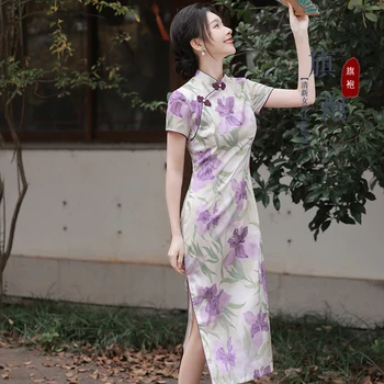 2023 Летни нови елегантни лилави рокли Qipao в китайски стил, женски празнична рокля с принтом, сексуална чонсамы, да се чувствате рокли