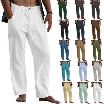 2023 Летни нови мъжки ежедневни памук, ленени панталони за йога голям размер, тънки дишащи обикновен мъжки панталони, спортна градинска облекло