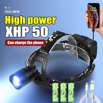 2023 Нов супер ярки led налобный фенер XHP 50, мощен главоболие, фенерче, акумулаторна батерия USB led лампа за къмпинг фенер за риболов, фаровете