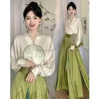 2023 нова рокля в китайски стил, напреднал в национален стил от династията Мин ханфу, дълга плиссированная пола, отгоре с дълъг ръкав, ежедневен комплект от две части