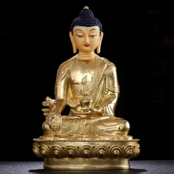 30 см, антична бронзова позлатена статуя на Буда, будизъм Гуаньинь Bhagavan Бхайсаджья