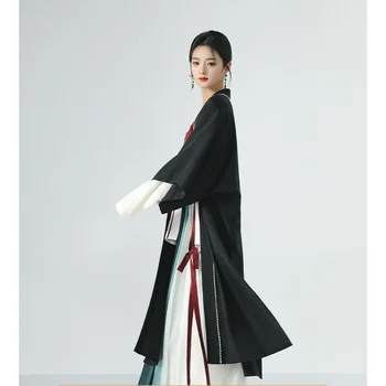 4 бр., класическа рокля династия Ханфу, черно дълго палто, Бяла риза, червен елек, пола възнаграждения, женствена рокля фея в древен китайски стил