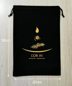 500 бр. Индивидуален лого 20x30 см, черни кадифени торбички, подаръчни торбички на съвсем малък с логото на златен цвят