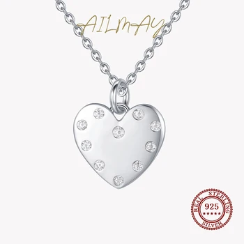 Ailmay, естественото сърце от сребро 925 проба, модерен медальон, огърлица с прозрачен цирконием за жени, ефектен подарък бижута