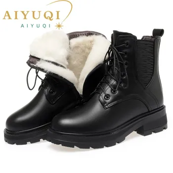 AIYUQI, дамски зимни обувки, големи размери, нескользящие, новост 2023 г., женски мотоциклетни ботуши от естествена кожа, топли вълнени дамски зимни обувки