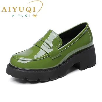 AIYUQI/лоферы, дамски обувки от естествена кожа, пролетен дамски обувки на платформа, по-големи размери, модерен зелени училищни обувки в британския стил, дамски