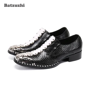 Batzuzhi / Нови мъжки кожени обувки, ръчно изработени с кръгли метални пръсти, черни, бели модела обувки от естествена кожа, Мъжки Официалната бизнес обувки!