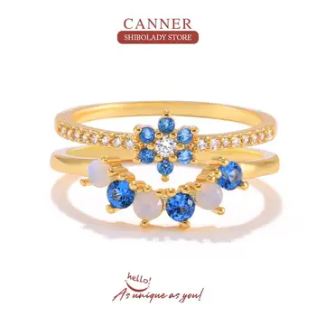 CANNER Синьо Цвете Конски Око, Циркон Пръстен От Сребро 925 Проба Луксозни Бижута Пръстени За Жени Сватбени Anillos Bague Bijoux