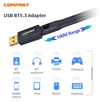 Comfast Bluetooth адаптер за PC Usb Bluetooth 5,3 ключ, на 100 м радиус на действие Bluetooth 5,0 приемник, говорител мишка клавиатура музика и Аудио