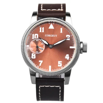 CORGEUT 46 мм мъжки часовник waterpoof със сребърен корпус, светлинен кожена каишка, Азия 6497 механизъм с ръчно от мъжки ръчен часовник