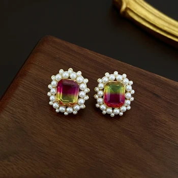 DREJEW, обеци с кристали наклон цвят за жени, френски луксозни обеци-карамфил с имитация на перли, квадратни обеци-карамфил за партита