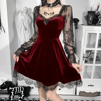 E-girl Гръндж, готическата черна мини-рокля, лейси покритие, дебнещ рокля с висока талия, Y2K, женствена рокля на 90-те години, реколта дрехи в стил пънк Харадзюку, Лолита