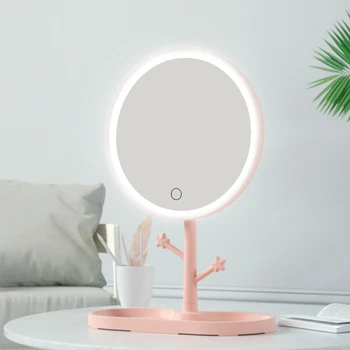 E2 led огледало за грим с подсветка, дамски лампа на грим с място за съхранение, десктоп въртящо се огледало, огледала с кръгла форма, подарък за момичета