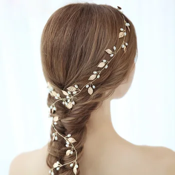Floralbride ръчно изработени, 3 цвята, перли от листата сплав с дължина 1 м, дълга лента за коса от лоза за младоженци, превръзка на главата за жените, украса за коса за момичета