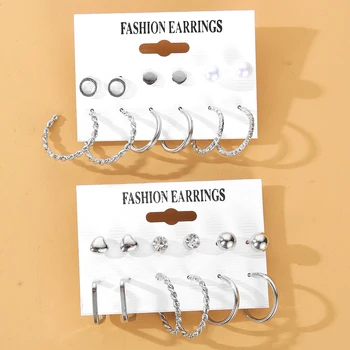 FNIO Прости метални обеци сребрист цвят, комплект за жени, момичета, обеци-халки, обеци-халки, вечерни украса