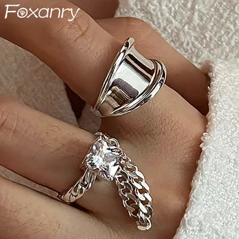 Foxanry, искрящи цирконы, годежни пръстени за жени, една двойка, една нова мода, креативна верига, пискюл, геометрични орнаменти ръчно изработени, подарък за парти