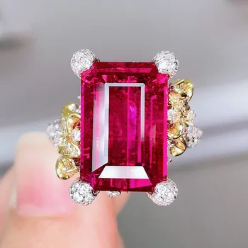 Foydjew Романтичен дизайн с камелией, че симулира правоъгълник, розово-червени пръстени с диаманти, червен турмалин, ruby пръстен за сватбен банкет за жени