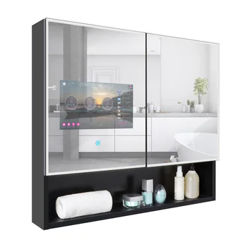 Haocrown led огледален шкаф за баня с докосване на екрана Smart Android 11 TV (13,3 инча), Алуминиев шкаф за съхранение на черно 2023