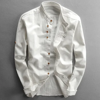 Harajuku яка стойка с дълъг ръкав, оборудвана приятелка, обикновена блузи, мъжки бельо памучен риза в японски стил, ежедневното дышащее класическо палто