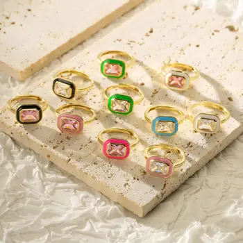 HECHENG, нов пръстен с розов камък за жените, циркон, емайл, правоъгълни пръстени за момичета, сладък модни бижута, открит размер