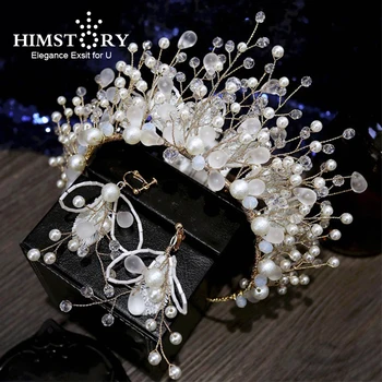 Himstory Бели сватбени диадеми с перли ръчна изработка на луксозни сватбени превръзки, сватбена прическа, косата декорации на цветя, сватбени аксесоари за коса