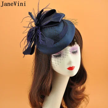 JaneVini тъмно сини сватбени шапки за жени, елегантни дамски бижута с пера за сватбената шапка, прическа булки, вечерни аксесоари за коса
