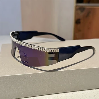 KAMMPT Y2k Очила без рамки, женски модерен футуристичен огледални слънчеви очила спортен оттенък с кристали, маркови и дизайнерски очила с UV400