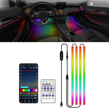 Led лампа за краката на автомобила с USB led лента за интериора на колата, Bluetooth приложение, RGB, музикален ритъм, атмосфера, декоративна лампа