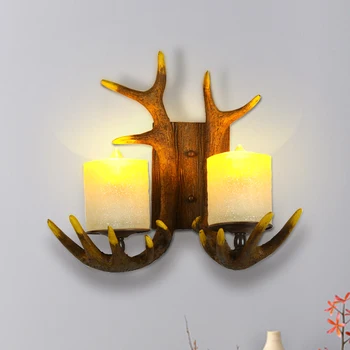 Led монтиран на стената лампа с дървена декоративна двойна глава с рог на елен Ретро стенен лампа Ресторант Бар Фоайе, кабинет, коридор, Клон аплици