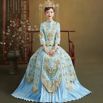 Light Blue Oriental Wedding Clothing Embroidery Phoenix Banquet Costume Classic Рокли Китай Qipao за ориенталски костюм
