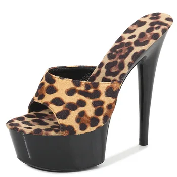 Maogu / Обувки за стриптийз, Чубрица Черен Леопардовые Модни Летни 2023 Дамски Сандали На платформа на 15 см, Голям размер на 43, Подиумная Модел На Висок Ток