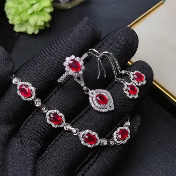 MeiBaPJ, натурален нов рубинено червен скъпоценен камък, фини сватбени бижута, бижута комплекти, обеци от сребро 925 проба, пръстен, медальон, огърлица, гривна, комплект от четири теми
